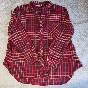 SONOMA WOMEN’S BURGUNDY MAROON FALL FLANNEL PLAID LONG SLEEVE BUTTON DOWN TOP